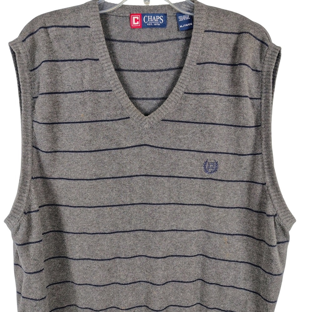 Chaps Mens XL Sweater Vest Grey Blue Striped Cotton Preppy Grandpacore Academia